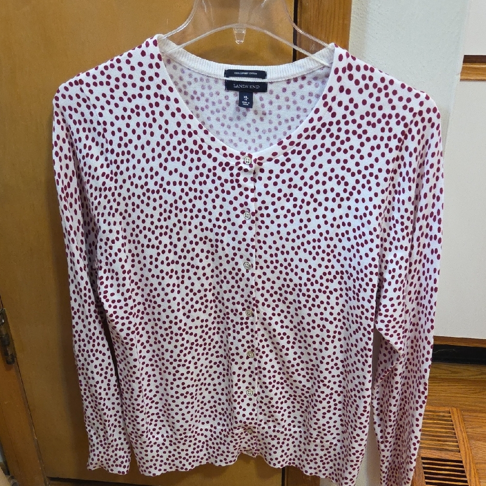 Lands' End Women's XL Long Sleeve Top - Fushia and White Polka Dot Cardigan